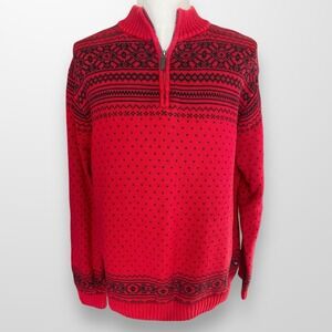 Chaps Mens Size XL Sweater Red Black Fair Isle 1/4‎ Zip Pullover Thick Warm